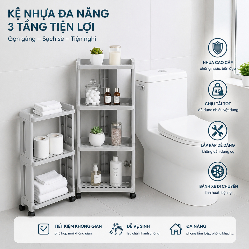 Kệ COZY HOME – Kệ Hẹp Di Động 4 Tầng Đa Năng Có Bánh Xe • Nhựa PP Cao Cấp