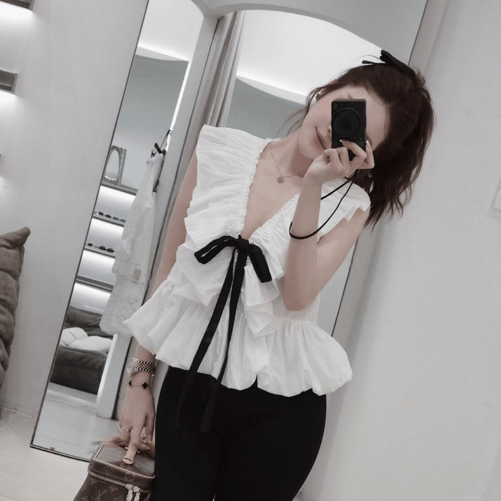 Áo Kiểu Babydoll Nữ Cổ V Bèo Nhún Thắt Nơ Form Rộng Dáng Xòe Bồng Tiểu Thư Hàn Quốc
