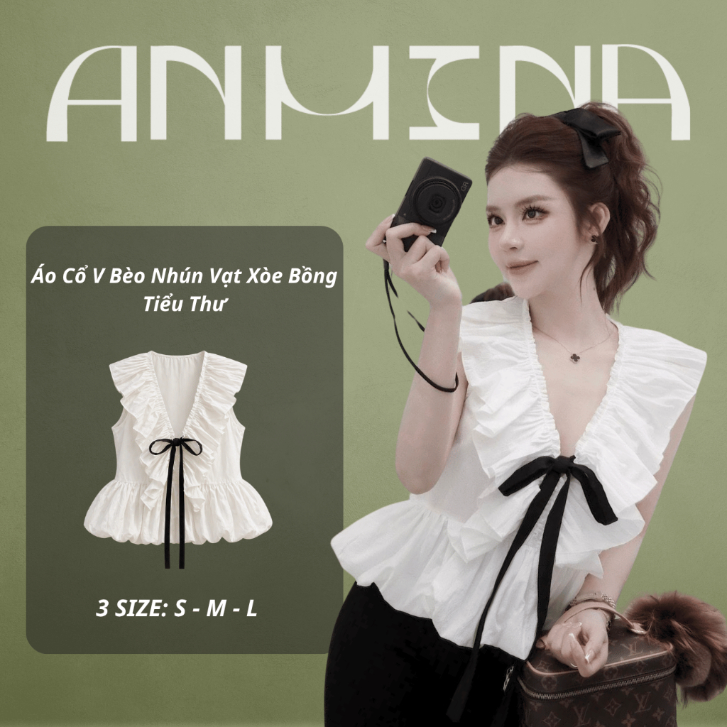 Áo Kiểu Babydoll Nữ Cổ V Bèo Nhún Thắt Nơ Form Rộng Dáng Xòe Bồng Tiểu Thư Hàn Quốc