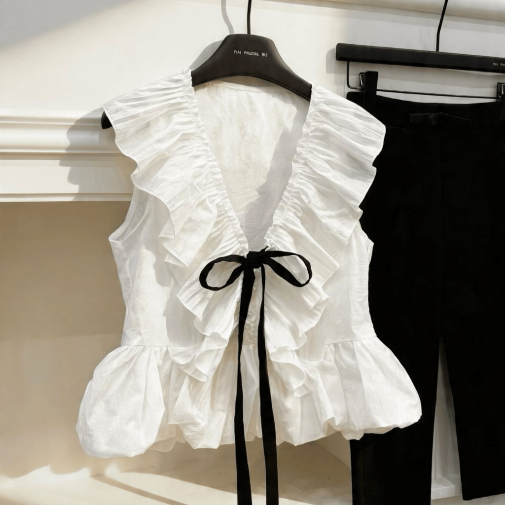 Áo Kiểu Babydoll Nữ Cổ V Bèo Nhún Thắt Nơ Form Rộng Dáng Xòe Bồng Tiểu Thư Hàn Quốc