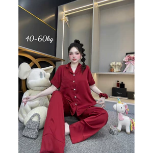 Bộ Lụa Tay Ngắn Trơn Nút Đá Pha Lê Kèm Cột Tóc Sang - Xịn - Mịn