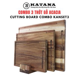 Set 3 Thớt gỗ Acacia ghép ngang cao cấp KATANA loại dày 2cm SET3KAN - Thớt gỗ tràm hình chữ nhật