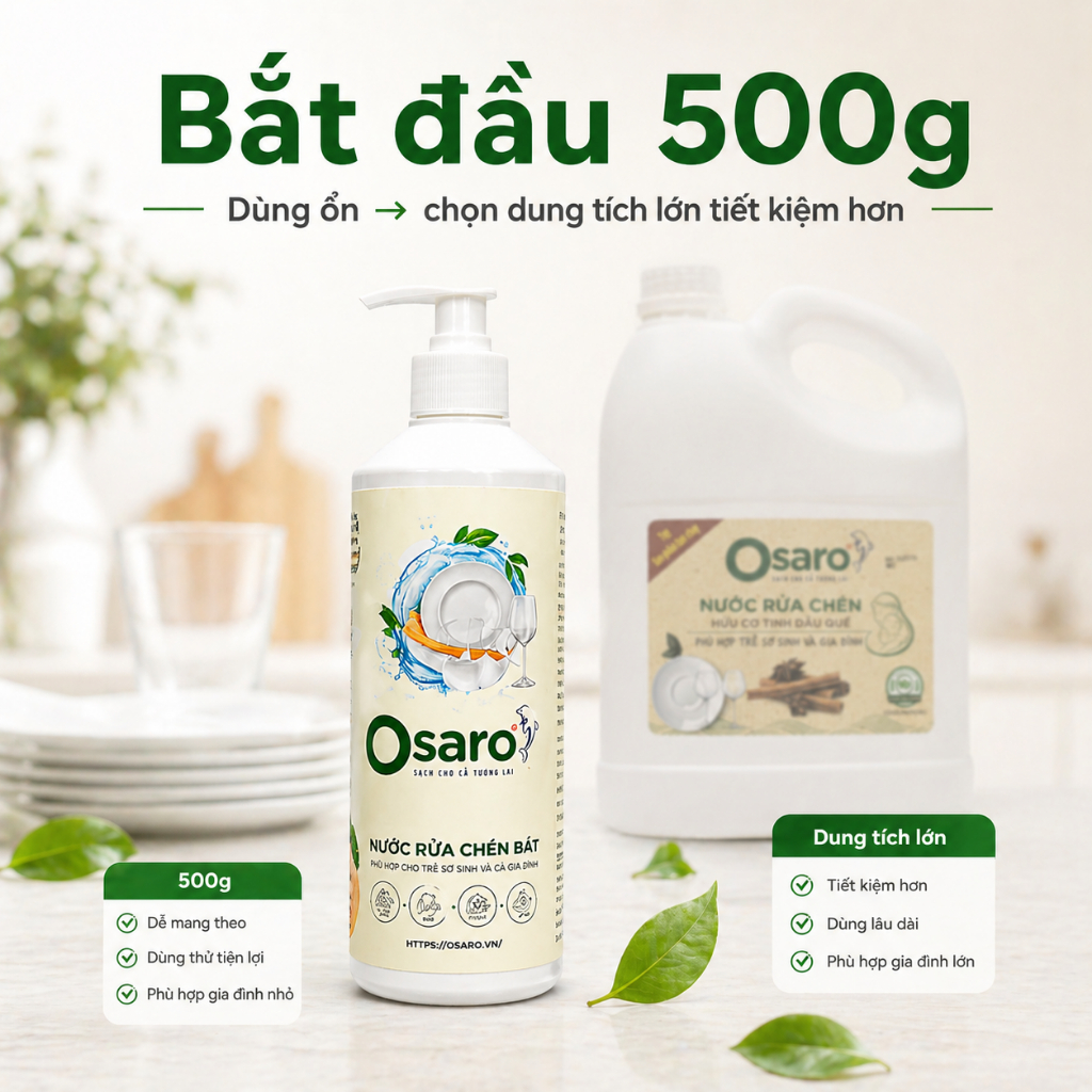 RC500 Nước Rửa Chén OSARO 500g Sạch Dầu Mỡ, Dễ Dùng Hằng Ngày, Phù Hợp Gia Đình, Bếp Nhỏ