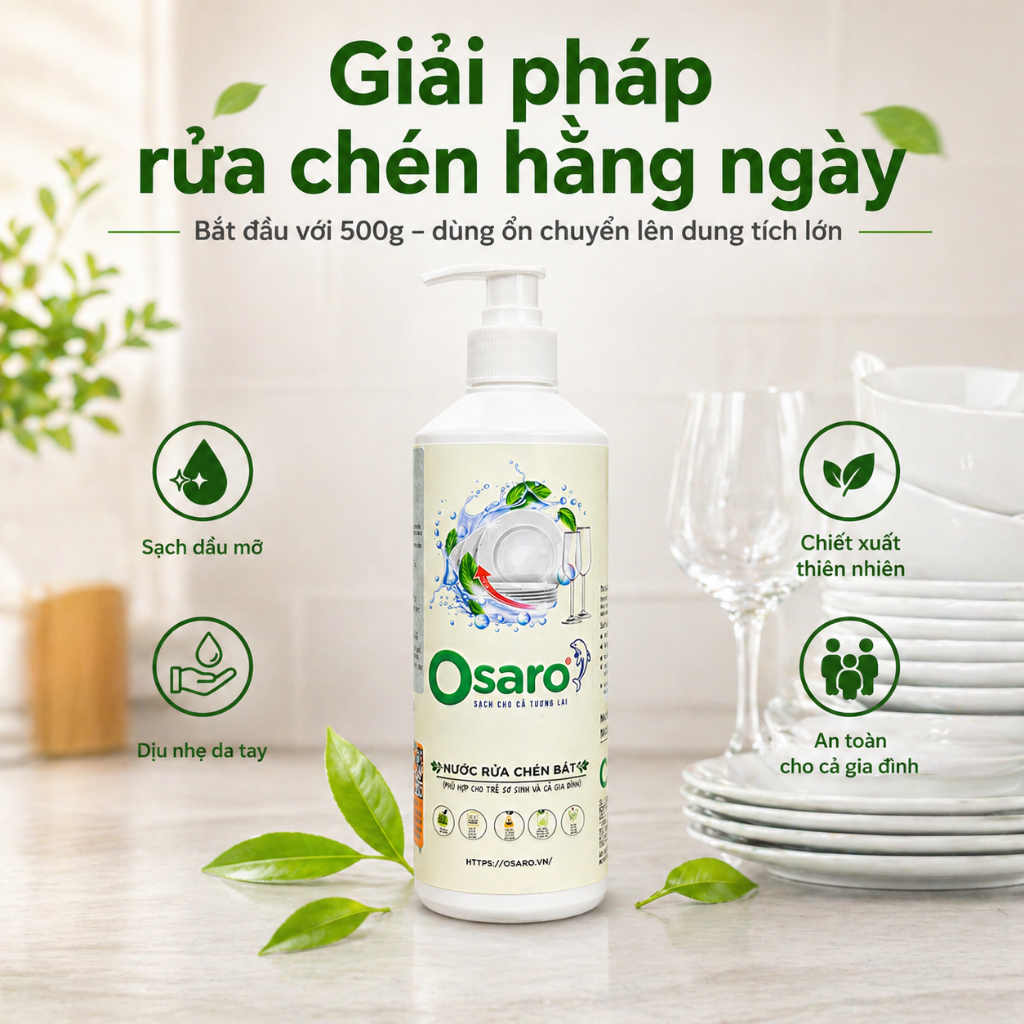 RC500 Nước Rửa Chén OSARO 500g Sạch Dầu Mỡ, Dễ Dùng Hằng Ngày, Phù Hợp Gia Đình, Bếp Nhỏ