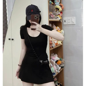 Đầm nữ tay ngắn cổ vuông dáng ngắn xoè nhẹ ôm body tôn dáng phong cách basic trẻ trung,chất liệu co giãn dày dặn cao cấp