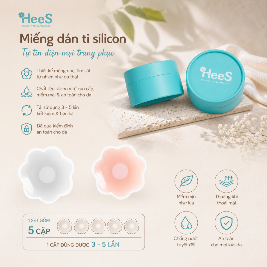 Miếng dán ngực silicon dán ti Hộp 5 cặp sử dụng nhiều lần HeeS999