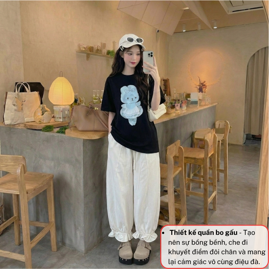 Set quần áo nữ áo thun hình gấu,  bộ đồ nữ quần dài ống rộng bo gấu mặc nhà JUMITO HCOM27118