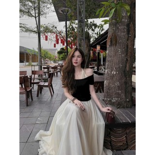 Set thời trang nữ phong cách nàng thơ áo trễ vai phối dây yếm dáng váy dài xòe bồng xếp ly đ chơi đi tiệc