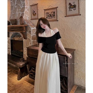 Set thời trang nữ phong cách nàng thơ áo trễ vai phối dây yếm dáng váy dài xòe bồng xếp ly đ chơi đi tiệc