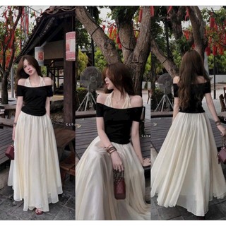 Set thời trang nữ phong cách nàng thơ áo trễ vai phối dây yếm dáng váy dài xòe bồng xếp ly đ chơi đi tiệc