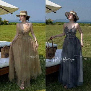 Váy maxi lưới 2 dây chất liệu siêu mát nhẹ nhàng bay bổng có chun lưng mặc tôn v1 đẹp sang nhức nách - Baotrang.clothes