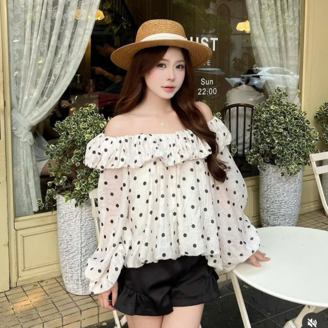 Áo trễ vai dáng bí phối bèo nhún cách điệu hoạ tiết chấm bi tiểu thư HQ , Áo hở vai tay bồng TK basic đơn giản dễ phối