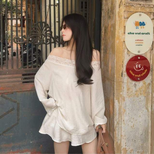 Set bộ tơ phối ren cao cấp dáng rộng phong cách basic HQuốc , Set áo trễ vai tay bồng phối ren kèm quần sooc giấu quần