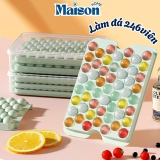 Khay Làm Đá 246 Ô Nhiều Tầng MAISON Khuôn Đá Tròn Nhấn Dễ Lấy, Có Nắp Đậy Chống Mùi, Kèm Hộp & Muỗng