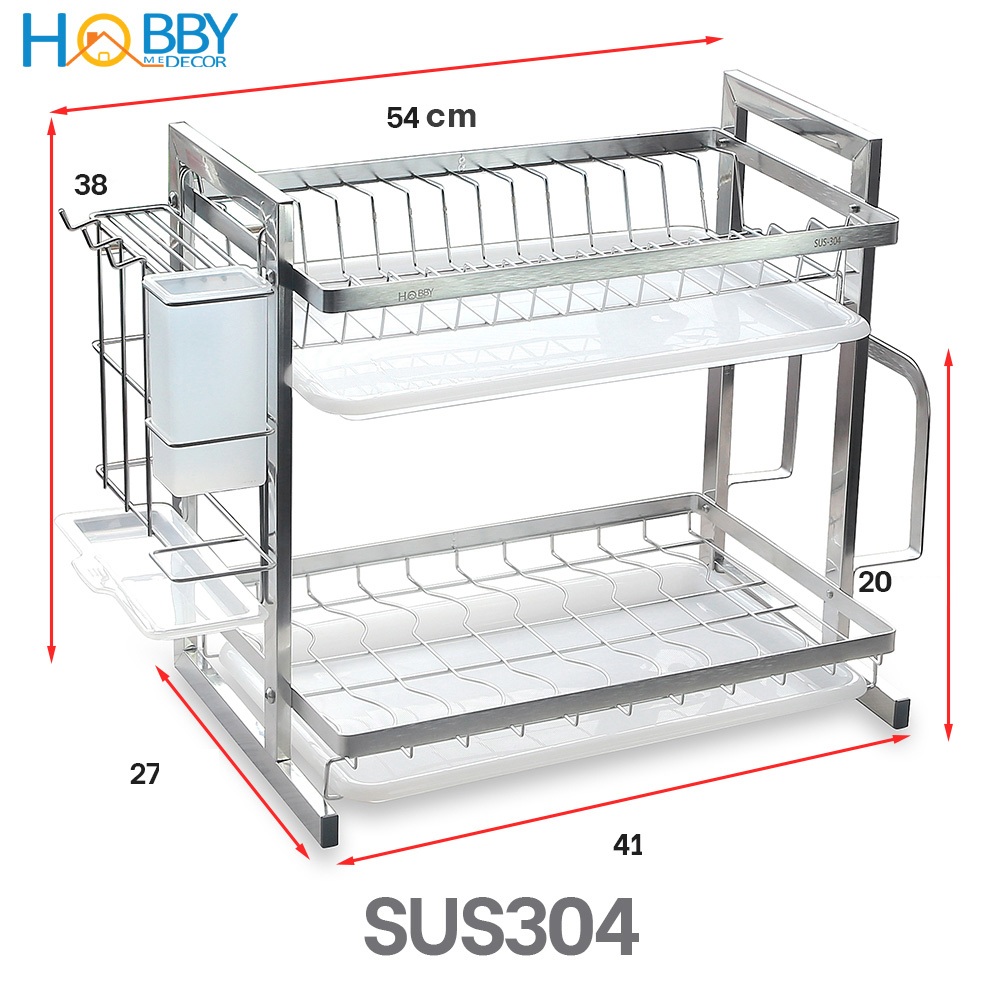 Kệ chén đa năng 2 tầng inox 304 Hobby Home Decor KC2T có khay hứng nước, ống đũa, giá treo thớt