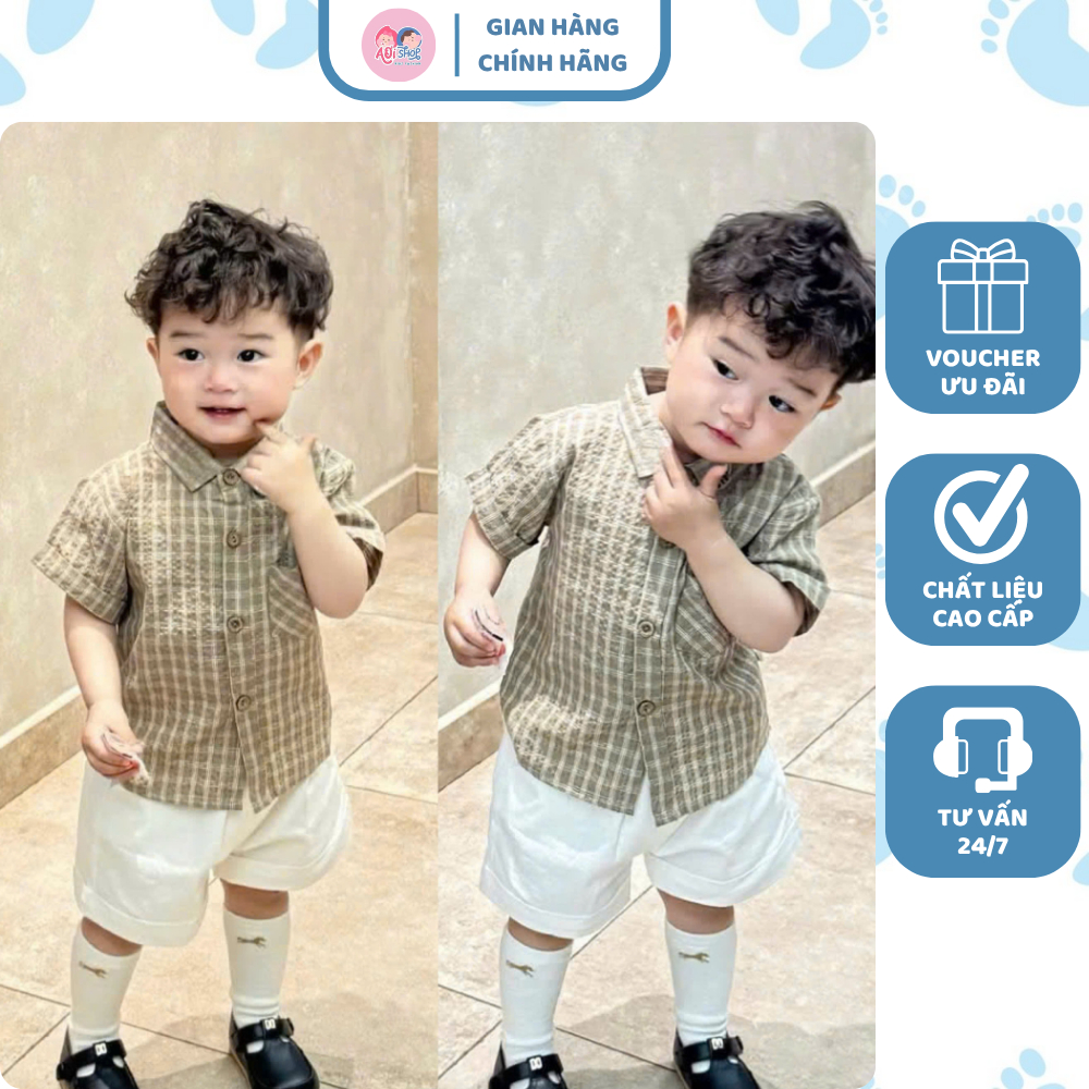 [À ƠI SHOP] A26- bộ sơ mi caro nâu gấu thêu ở túi- a108.331