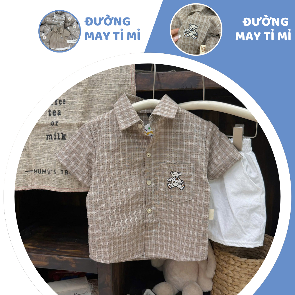 [À ƠI SHOP] A26- bộ sơ mi caro nâu gấu thêu ở túi- a108.331