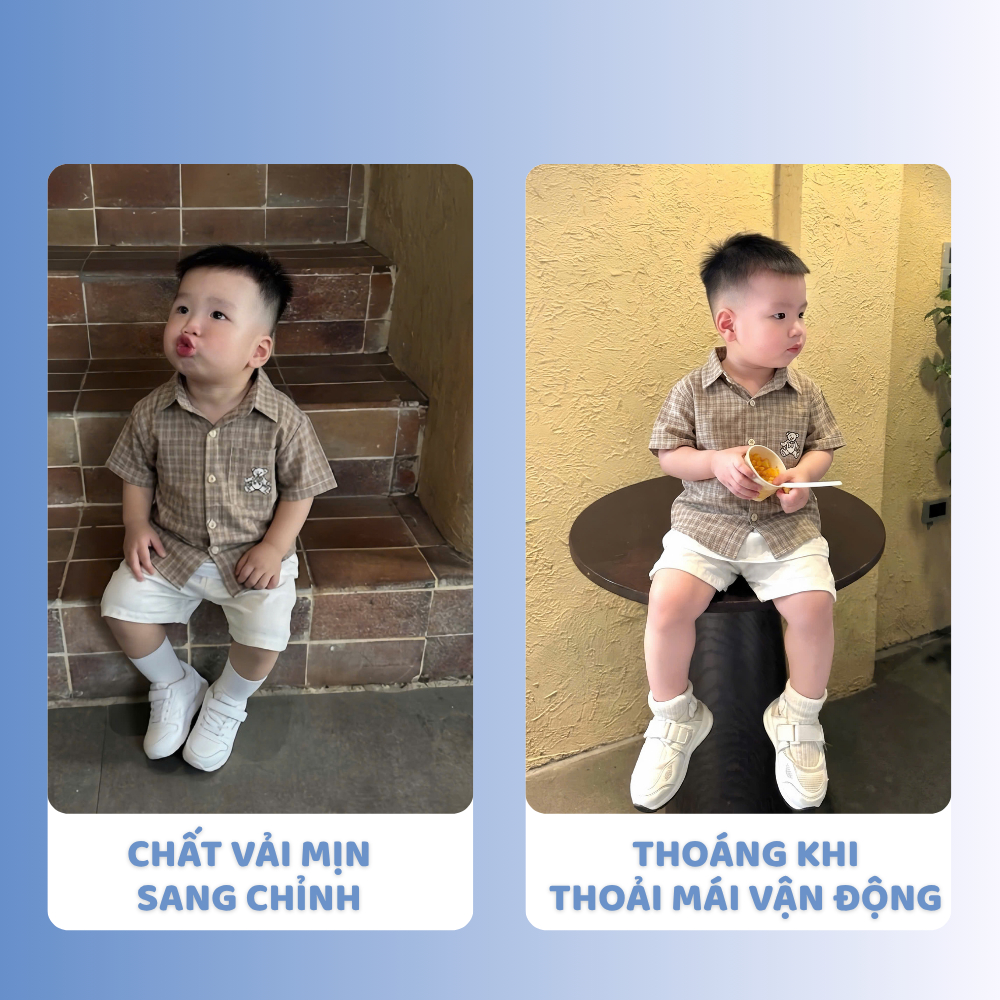 [À ƠI SHOP] A26- bộ sơ mi caro nâu gấu thêu ở túi- a108.331