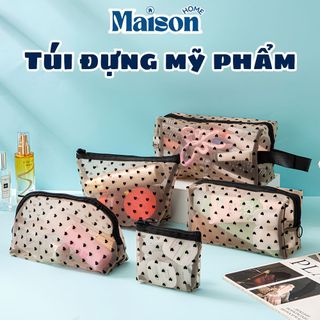 Túi Đựng Mỹ Phẩm Chống Nước MAISON, Túi Lưới Du Lịch Hoạ Tiết Chấm Bi Cute, Nhỏ Gọn Tiện Dụng
