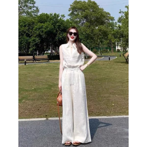 Set Áo Sát Nách Cổ Vest + Quần Ống Rộng Dây Rút Trắng Thanh Lịch – Outfit Nữ Đi Chơi, Đi Làm Mùa Hè