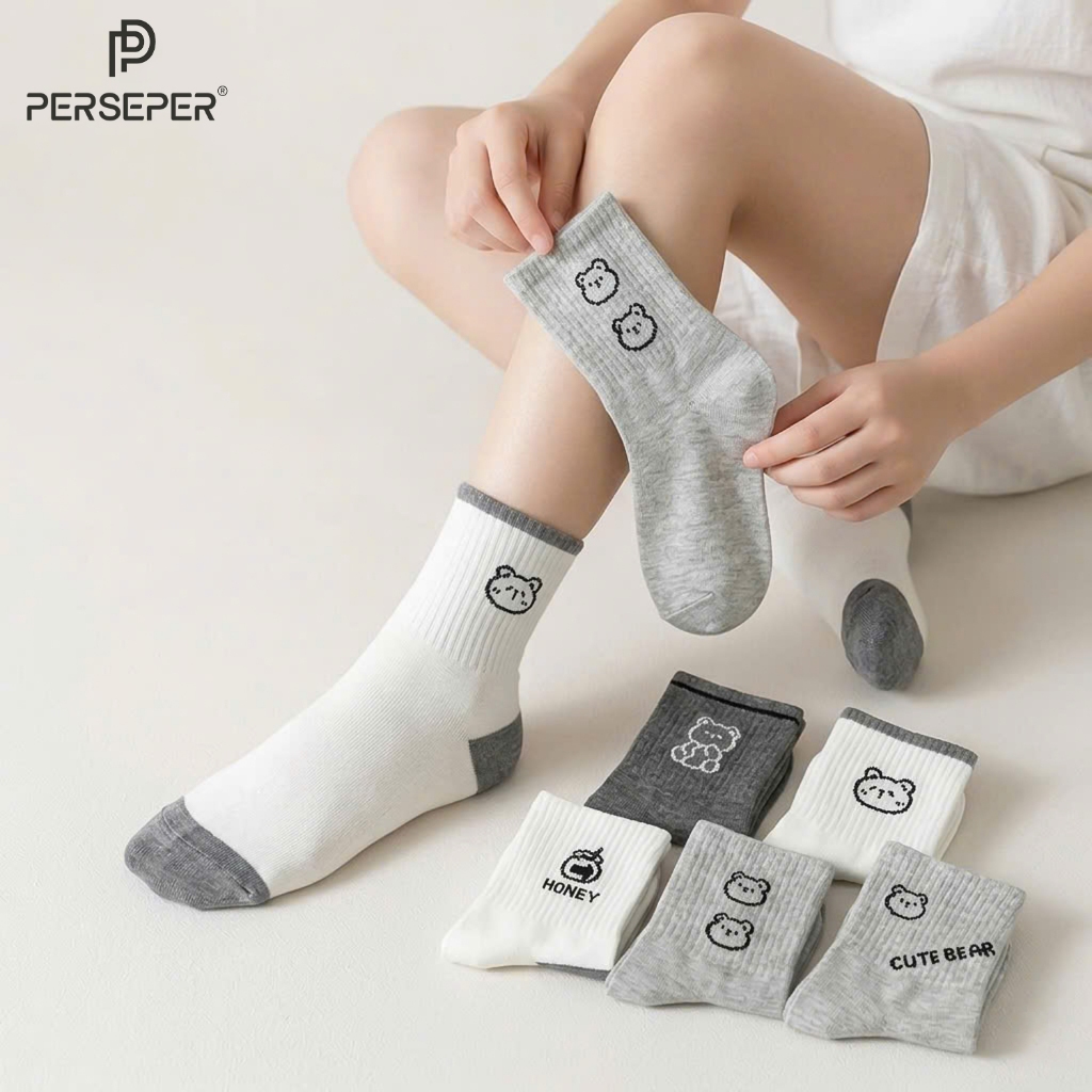 Tất vớ nam nữ cổ cao họa tiết gấu dễ thương, chất liệu mềm mại thoáng khí - Ekiu Perseper