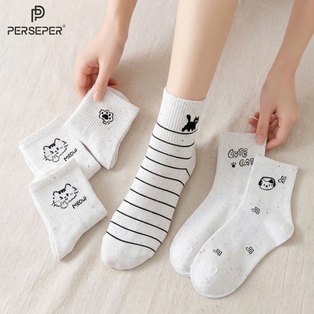 Tất vớ cổ trung trắng đen họa tiết mèo cute, chất liệu mềm mại thoáng khí - Ekiu Perseper