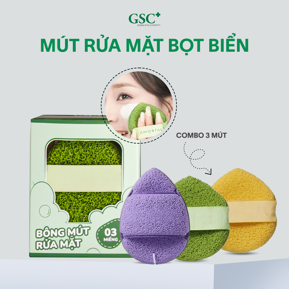 [Quà tặng không bán] Hộp bông mút rửa mặt GSC gồm 3 miếng giúp làm sạch sâu