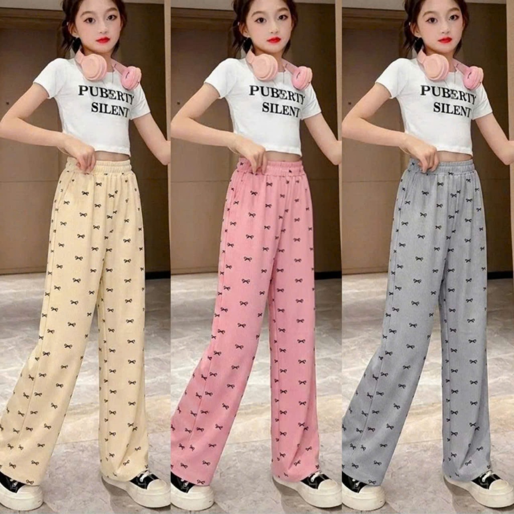 Quần ống xuông in full nơ cho bé gái chất tăm lạnh co giãn thoải mái cho bé in nơ.Q01