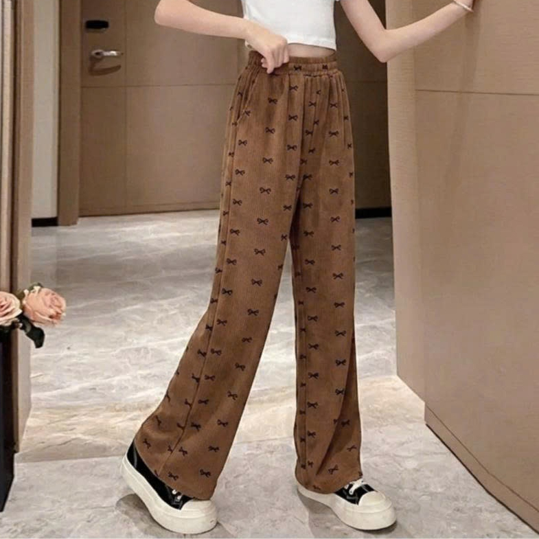 Quần ống xuông in full nơ cho bé gái chất tăm lạnh co giãn thoải mái cho bé in nơ.Q01
