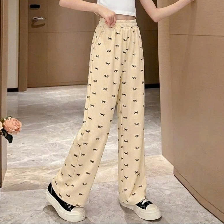 Quần ống xuông in full nơ cho bé gái chất tăm lạnh co giãn thoải mái cho bé in nơ.Q01
