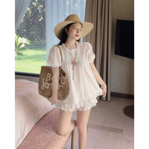 Set Váy babydoll trắng nữ tay ngắn cổ tròn bèo nhún dáng rộng phong cách bánh bèo dễ thương mặc đi biển du lịch