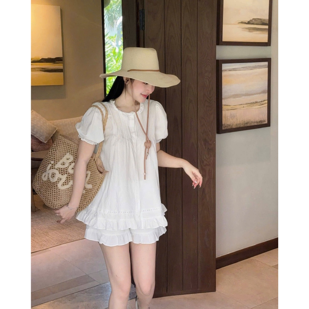 Set Váy babydoll trắng nữ tay ngắn cổ tròn bèo nhún dáng rộng phong cách bánh bèo dễ thương mặc đi biển du lịch