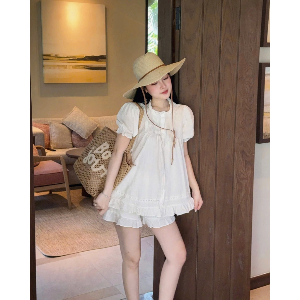 Set Váy babydoll trắng nữ tay ngắn cổ tròn bèo nhún dáng rộng phong cách bánh bèo dễ thương mặc đi biển du lịch