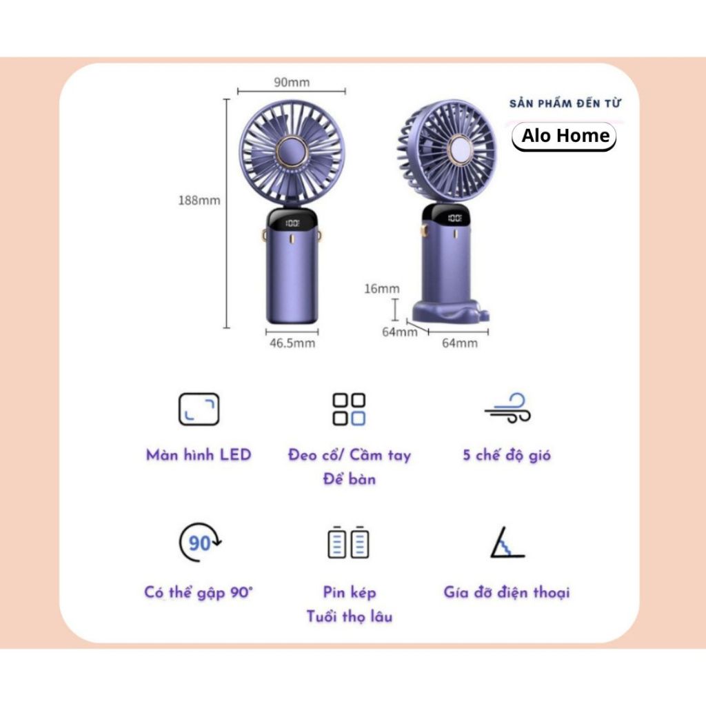 Quạt Mini Cầm Tay Tích Điện N15 ALO HOME 5 Tốc Độ Gió, Màn Hình LED