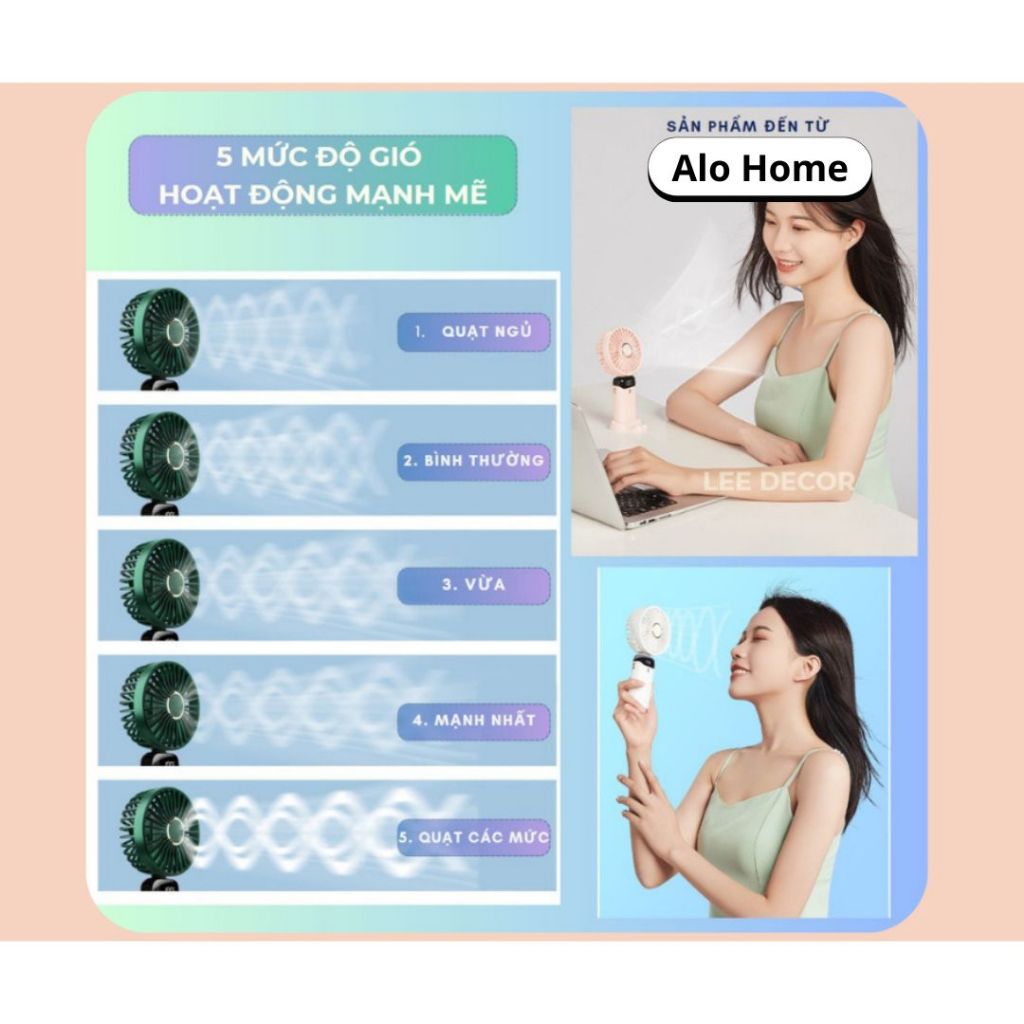 Quạt Mini Cầm Tay Tích Điện N15 ALO HOME 5 Tốc Độ Gió, Màn Hình LED