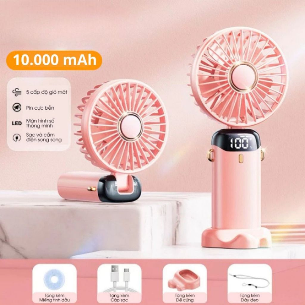 Quạt Mini Cầm Tay Tích Điện N15 ALO HOME 5 Tốc Độ Gió, Màn Hình LED