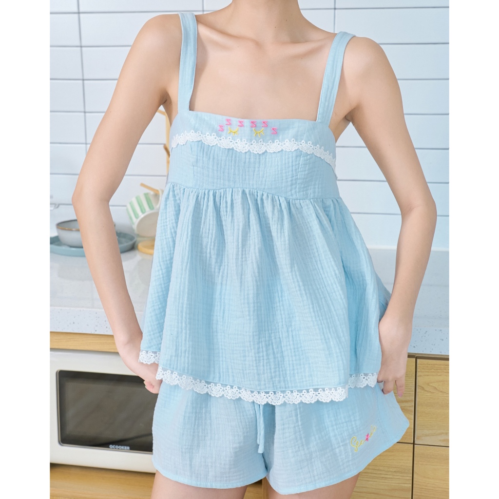 Set Nữ HANYI Áo Hai Dây Bèo Phối Quần  Dễ Thương Mùa Hè SECODEE