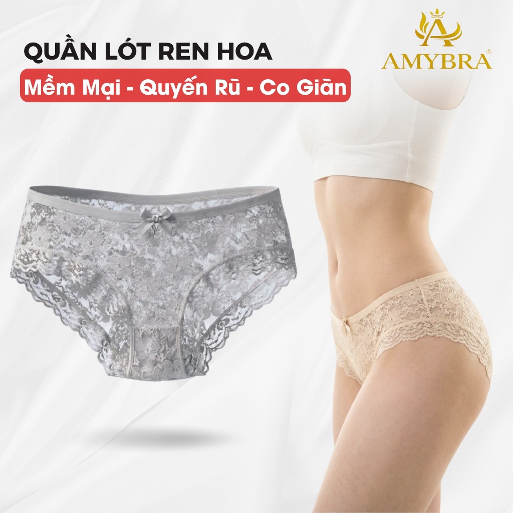 Quần lót ren chất liệu ren mềm êm ái, Quần lót nữ họa tiết hoa nhỏ tinh tế AMYBRA L104