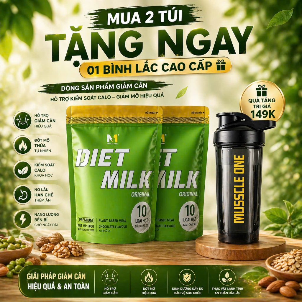 Sữa Diet Milk -  Hỗ Trợ Giảm Cân Thay Thế Bữa Ăn Hằng Ngày Chiết Xuất 100% Từ thực + Bình lắc
