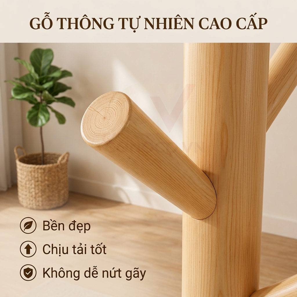 CONOCO Cây Treo Quần Áo Gỗ Sồi Tự Nhiên Trụ Dày Không Rung Lắc Giá Treo Đứng Cao Cấp