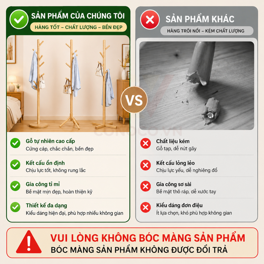 CONOCO Cây Treo Quần Áo Gỗ Sồi Tự Nhiên Trụ Dày Không Rung Lắc Giá Treo Đứng Cao Cấp