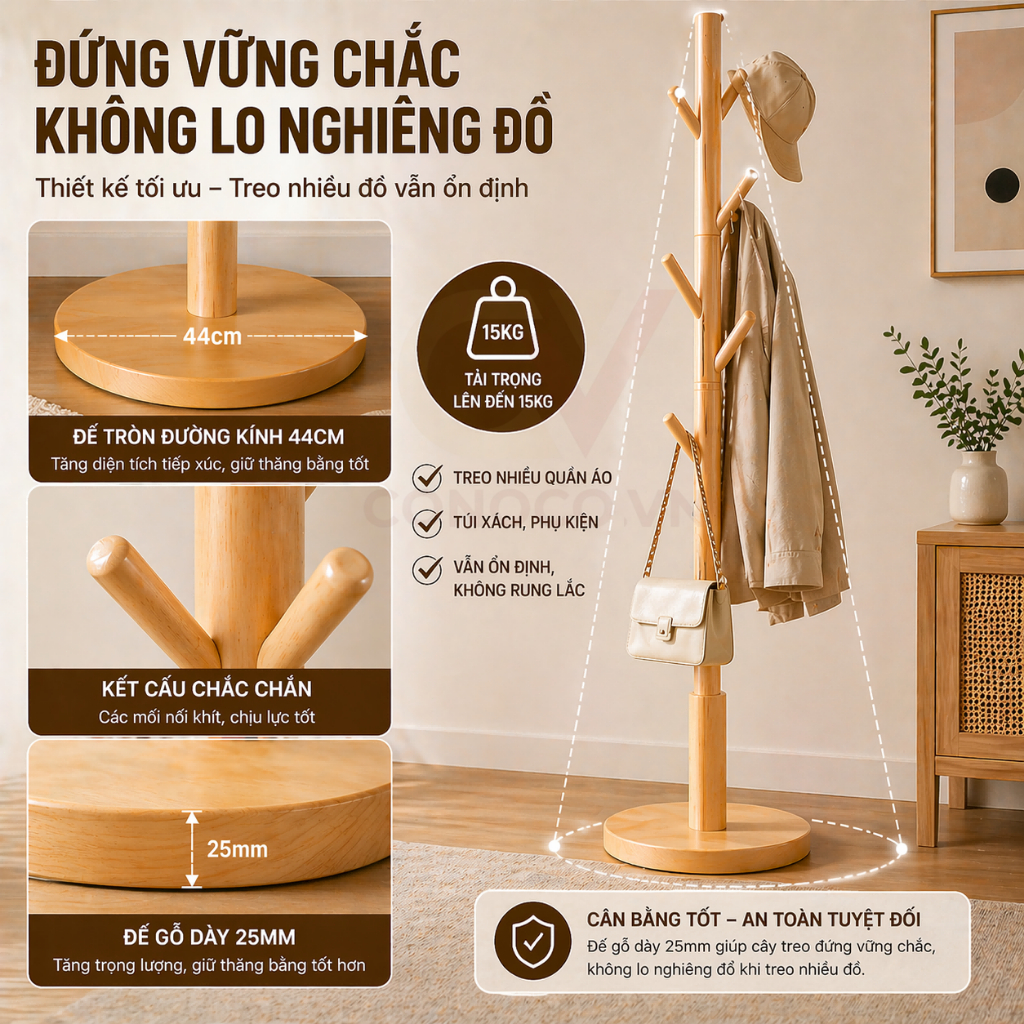CONOCO Cây Treo Quần Áo Gỗ Sồi Tự Nhiên Trụ Dày Không Rung Lắc Giá Treo Đứng Cao Cấp