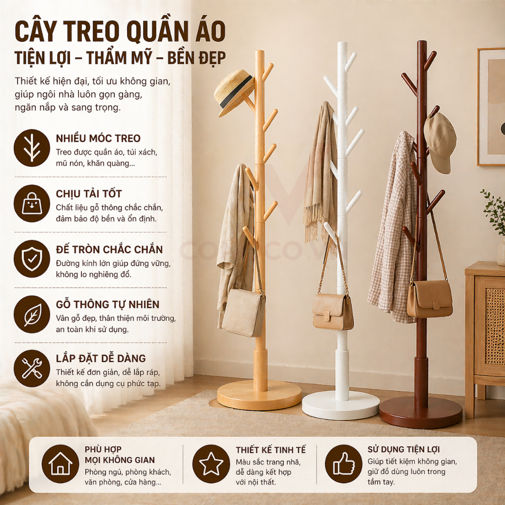 CONOCO Cây Treo Quần Áo Gỗ Sồi Tự Nhiên Trụ Dày Không Rung Lắc Giá Treo Đứng Cao Cấp