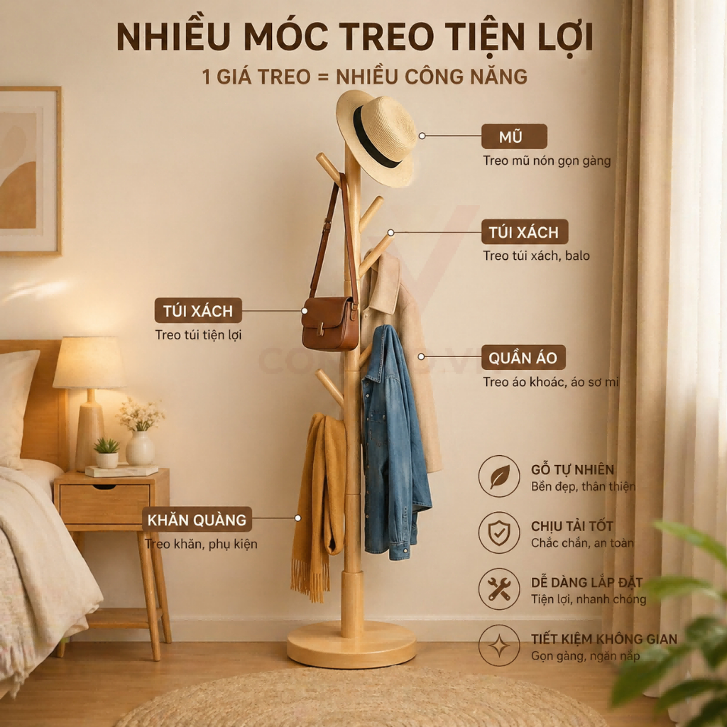 CONOCO Cây Treo Quần Áo Gỗ Sồi Tự Nhiên Trụ Dày Không Rung Lắc Giá Treo Đứng Cao Cấp