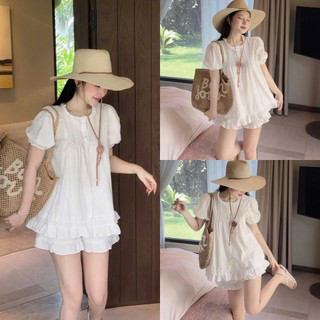 Set bộ đùi thời trang nữ áo babydoll cổ tròn có nút tay bồng dễ thương phối quần short lai bèo đi chơi đi biển siêu xinh