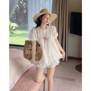 Set bộ đùi thời trang nữ áo babydoll cổ tròn có nút tay bồng dễ thương phối quần short lai bèo đi chơi đi biển siêu xinh