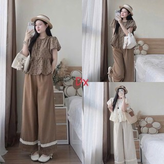 Set bộ thời trang nữ áo babydoll cổ tròn tay bồng xòe nhẹ in bi mix quần ống rộng  có viền ren bản to