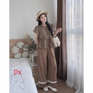Set bộ thời trang nữ áo babydoll cổ tròn tay bồng xòe nhẹ in bi mix quần ống rộng  có viền ren bản to