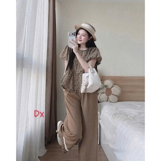 Set bộ thời trang nữ áo babydoll cổ tròn tay bồng xòe nhẹ in bi mix quần ống rộng  có viền ren bản to