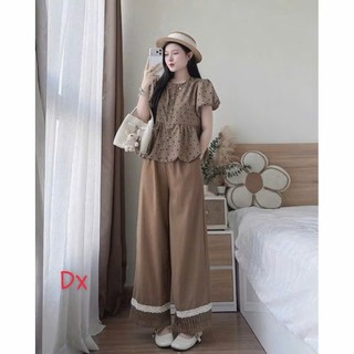 Set bộ thời trang nữ áo babydoll cổ tròn tay bồng xòe nhẹ in bi mix quần ống rộng  có viền ren bản to
